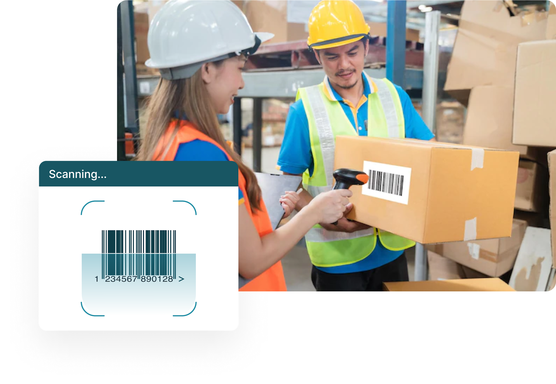 Workers scanning a barcode off of a box
